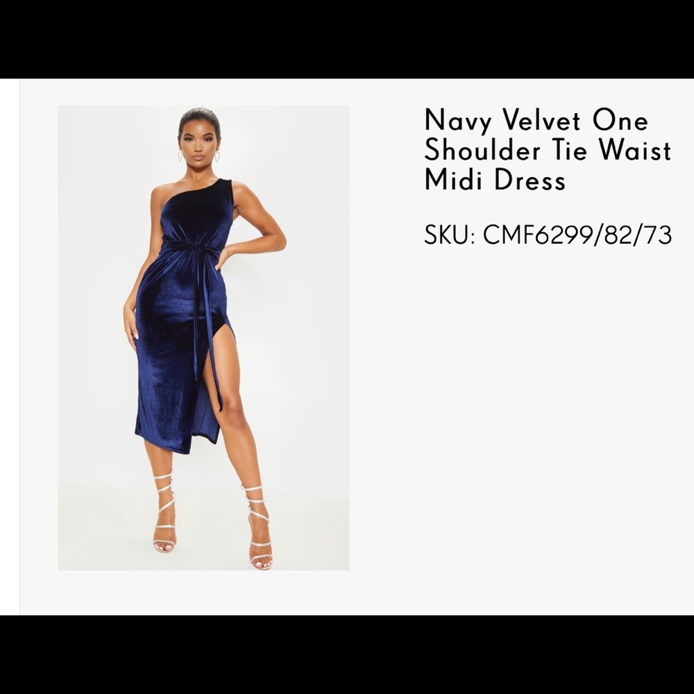 Navy Velvet One Shoulder Tie Waist Midi Dress